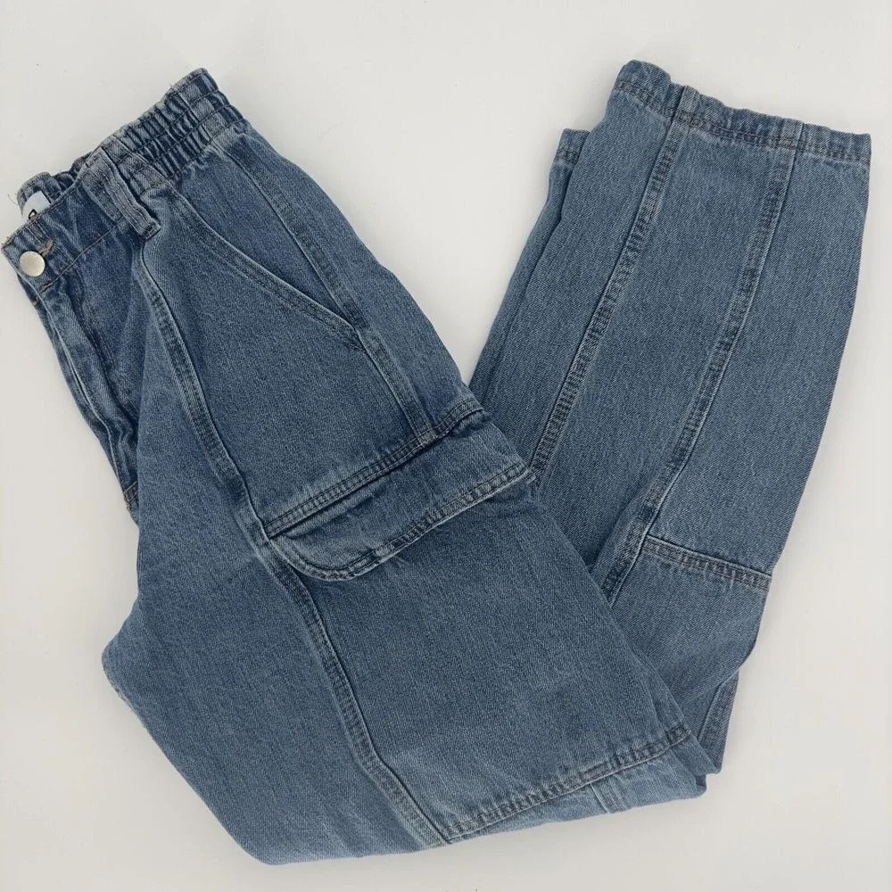 Forever 21‎ Womens Medium Wash Blue Denim Cargo Utility Pants Seam Detail Size S